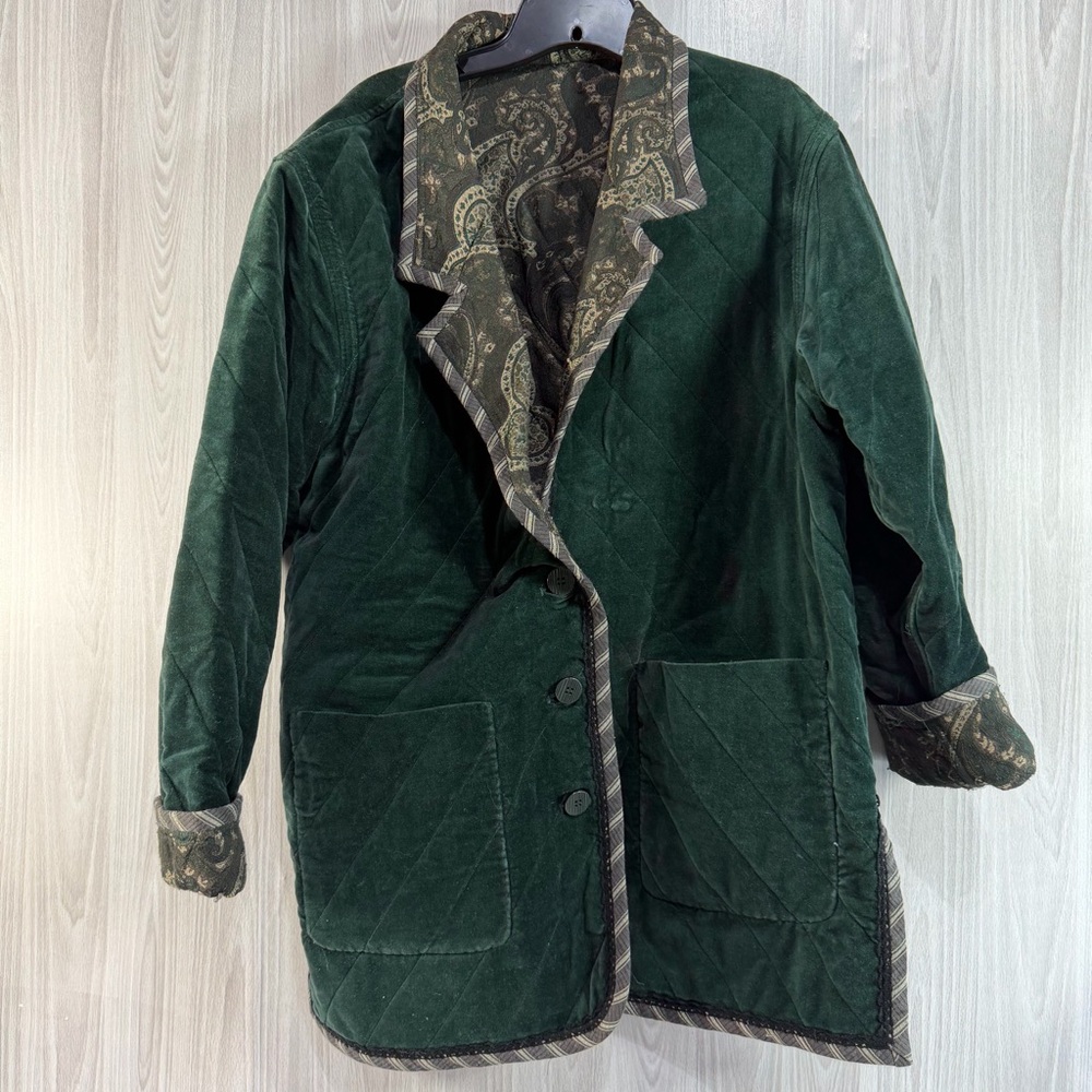Koos Of Course VTG Reversible Jacket Green Velvet Tapestry Paisley Boho‎ Gypsy L